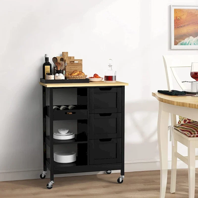 Solid Wood Top Kitchen Island Storage Cart with 3 Drawers Rolling Serving Trolley Cart