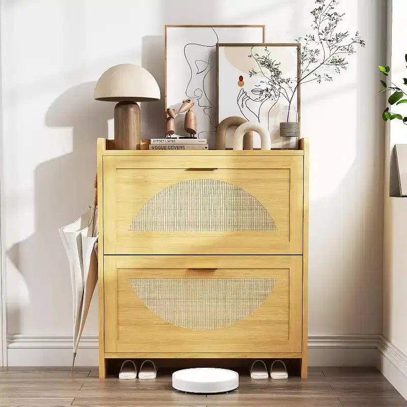 Rattan Shoe Cabinet with 2 Flip Drawers, Natural Wood Shoe Storage Cabinet for Entryway, Hallway, or Living Room