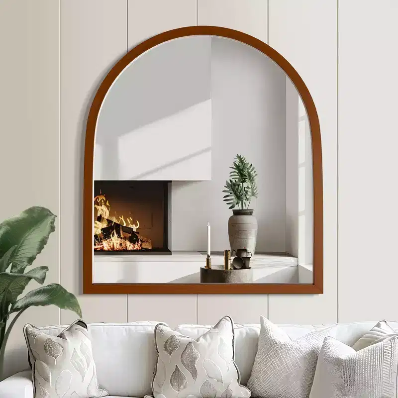 35x31 Arched Bathroom Mirror with with Hanging Hooks, Wood Frame and HD Images, Wall Mounted Vanity Mirror for Bedroom Living Room Entryway, Walnut