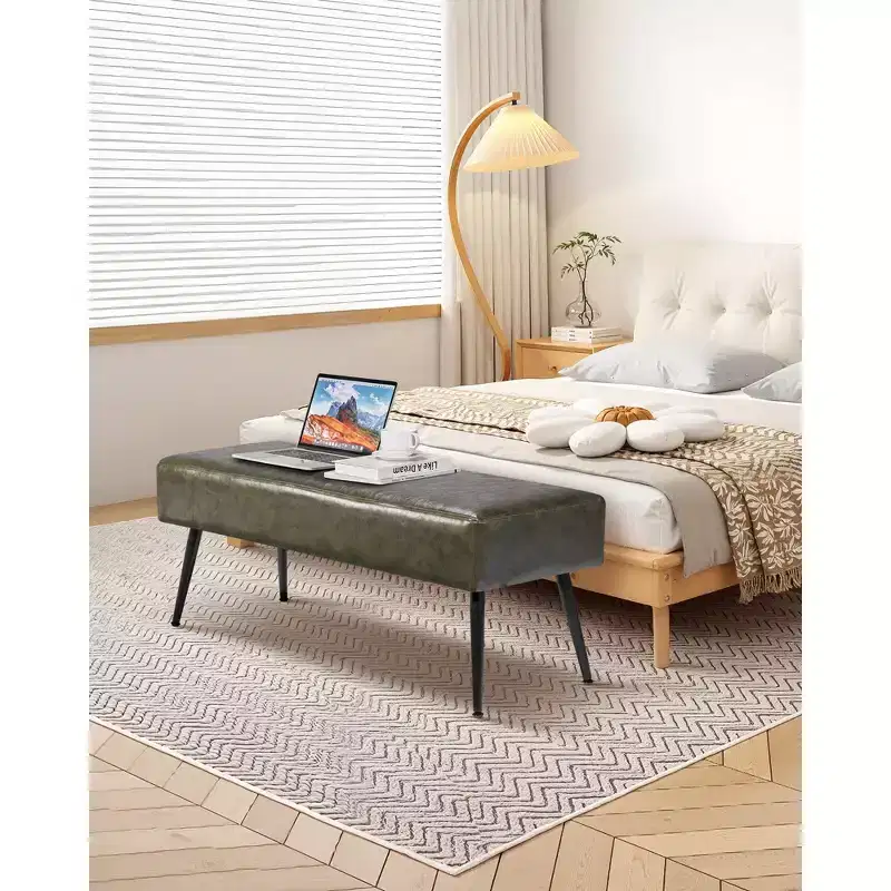 Leather Bedroom Bench with Storage, PU Leather Upholstered Bench with Metal Legs and Stitching for Entryway, Green