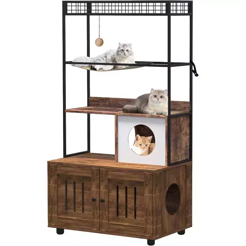 Large litter box enclosure w/ storage shelf, 60H hidden furniture, includes condo, hammock, scratching mat & play ball, retro brown