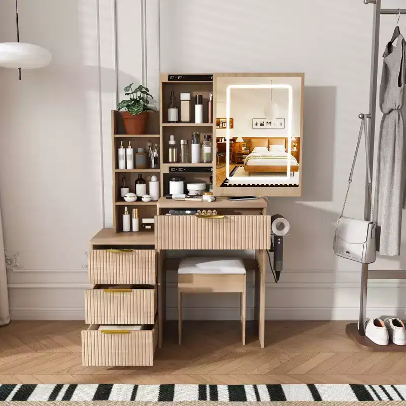 GDFStudio Wafa Modern Wooden Vanity Desk with Adjustable LED Light, Mirror and 1 Dressing Chair