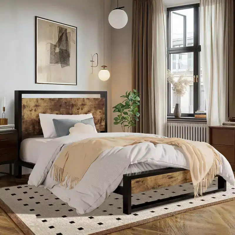 Metal Bed Frame with Rustic Headboard & Footboard, No Box Spring Needed