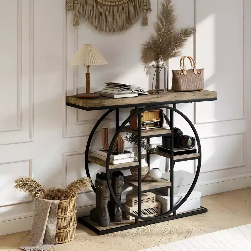 HOMCOM Industrial Console Table, Sofa Entryway Table with Storage Shelves and Circle Steel Frame, Rustic Oak