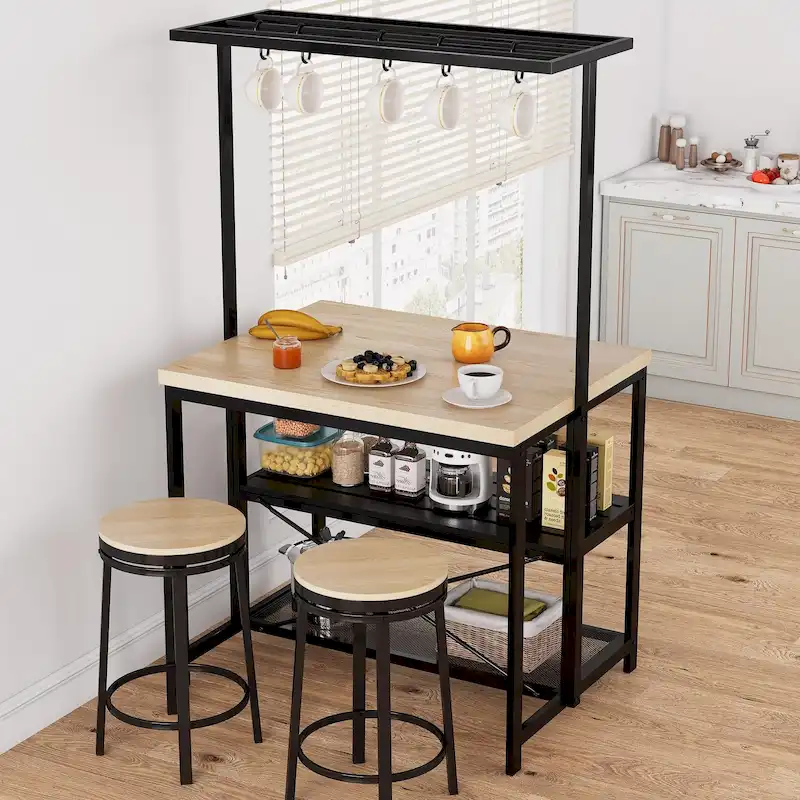 Kitchen Island Table with Storage Shelves and Hooks