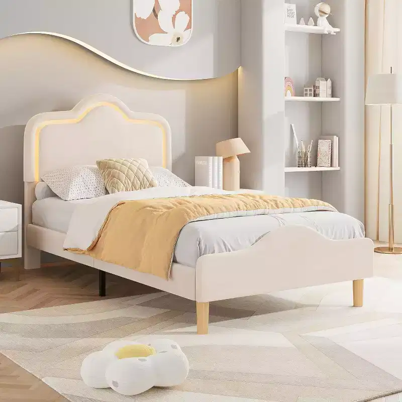 Twin Size Bed Frame, Headboard and Footboard, Velvet Upholstered Princess Platform Bedframe for Kids, Wooden Slats Support, No Box Spring Needed