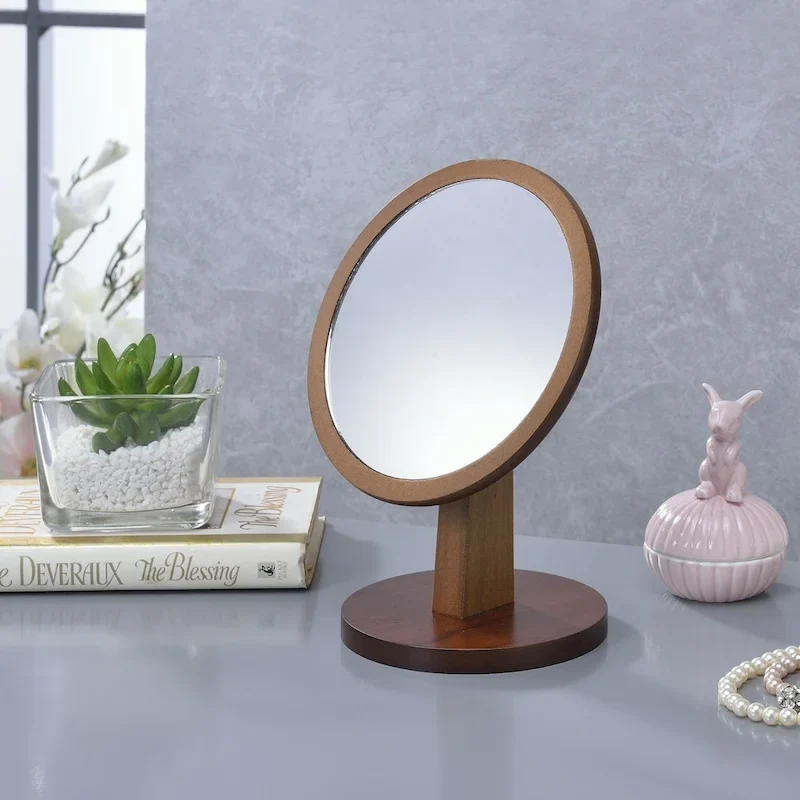 Round Walnut Frame Vanity Top Pedestal Mirror - Brown