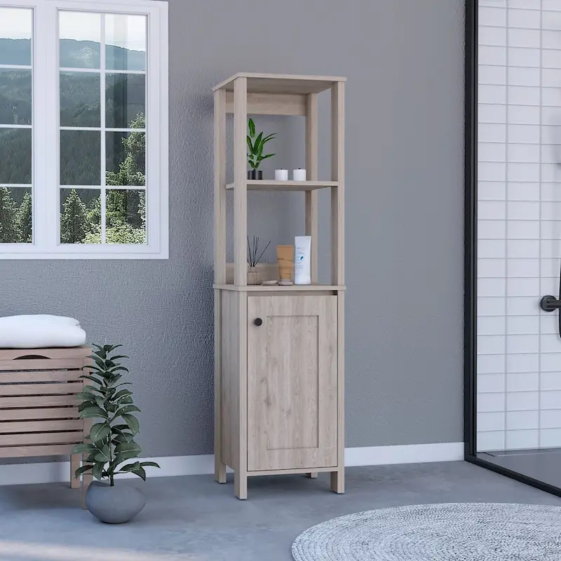New Haven Linen Single Door Cabinet, Two Interior Shelves, Two Open Shelves, Light Oak / White