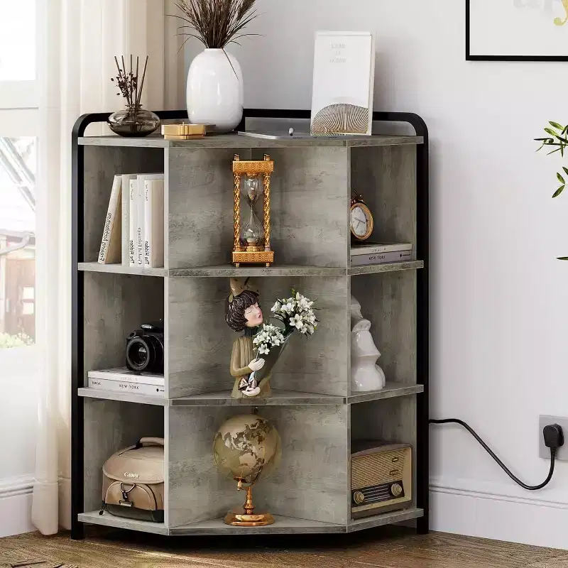 Acekool Corner Cabinet with Charging Station, 3-Tier Triangle Bookcase with USB Ports, Outlets & 9 Cube Organizer for Bedroom, Office, Living Room