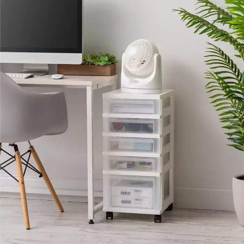 5-Drawer Rolling Storage Cart with Organizer Top — White, Plastic, Made in USA