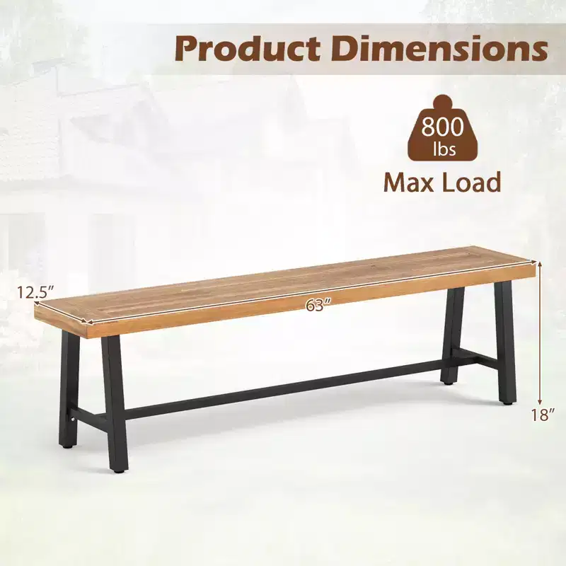 Costway 63 Inch Patio Bench Set of 1/2, Acacia Wood Long Dining Bench w/ Heavy-Duty Metal Legs