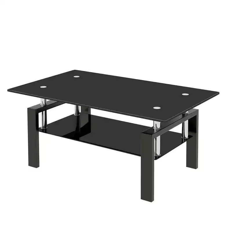 39 Black Glass and Steel Coffee Table With Shelf