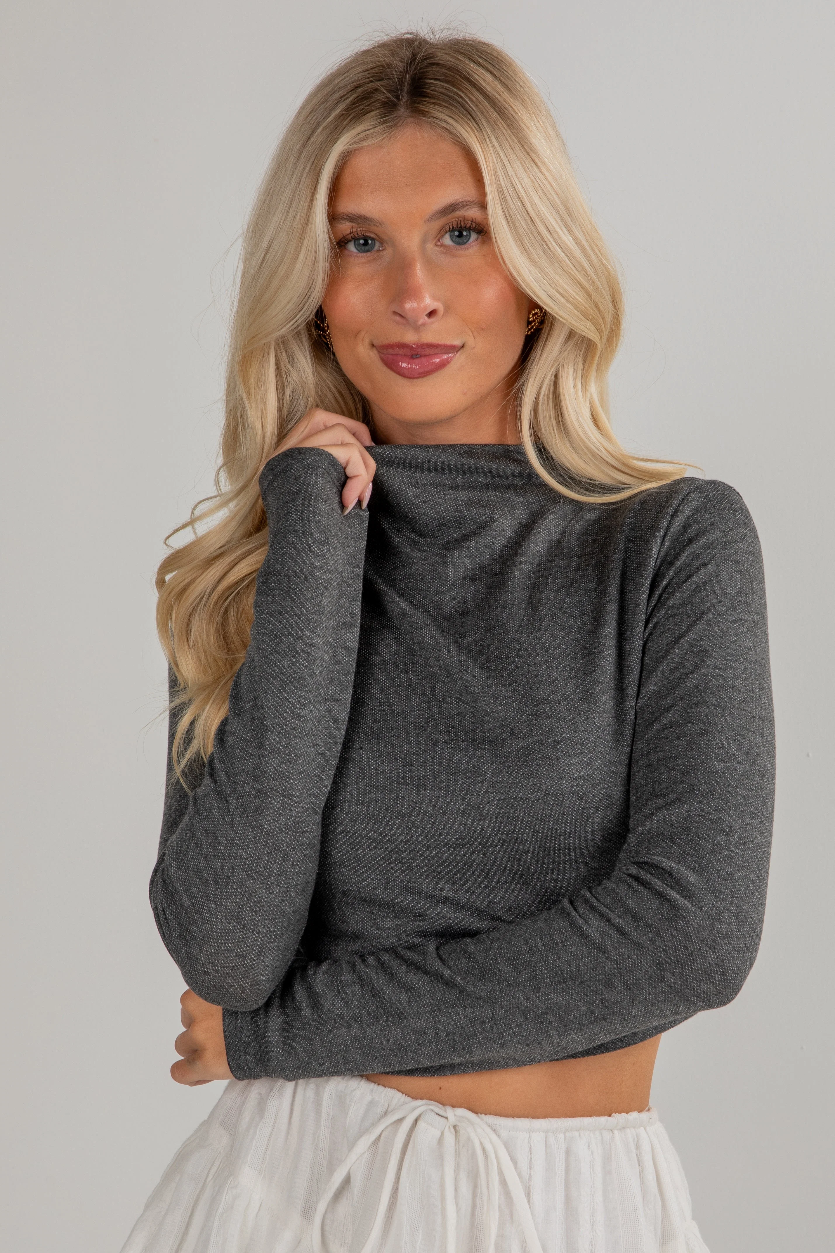Mock Neck Long Sleeve Fitted Crop Top