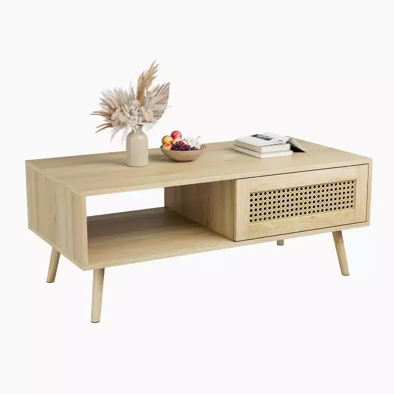 Boho Wood Coffee Table with Sliding Rattan Doors and Storage Shelf, Mid Century Center Table with Hidden Compartments for Living Room Bedroom