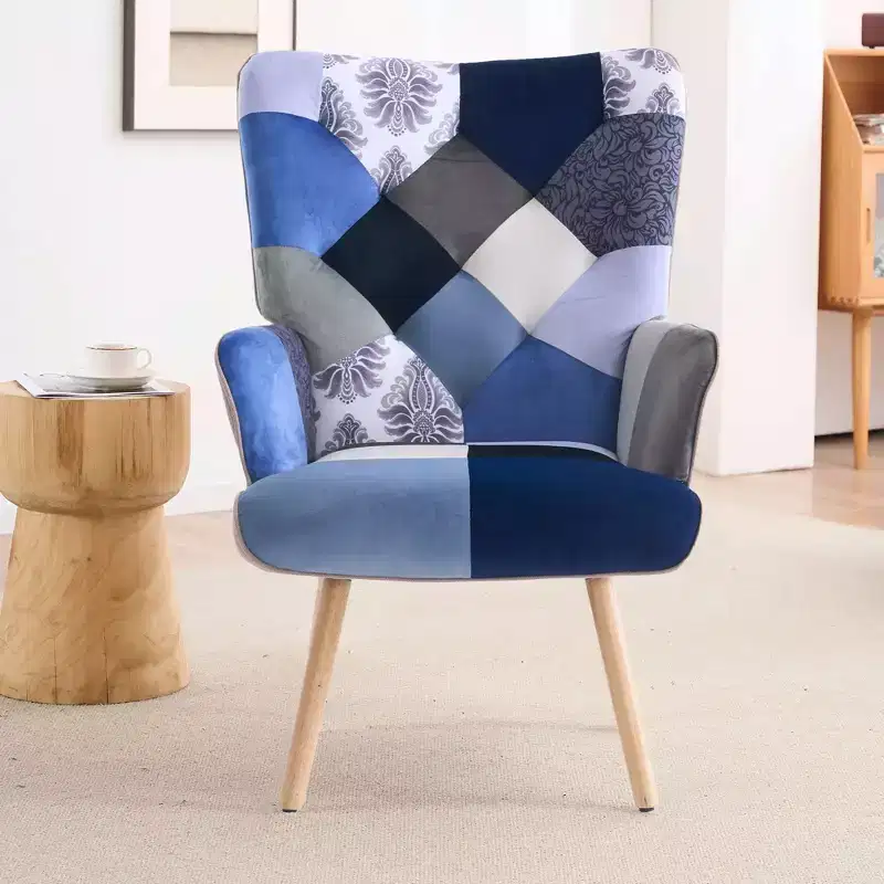 FERPIT Patchwork Upholstered Wingback Accent Chair with Rubberwood Legs