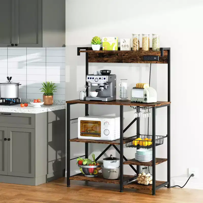 Celebalcony Bakers Rack with Power Outlet, 34.7 Open Storage Shelves with Wire Basket, Kitchen Microwave Stand with 6 S-Shaped Hooks