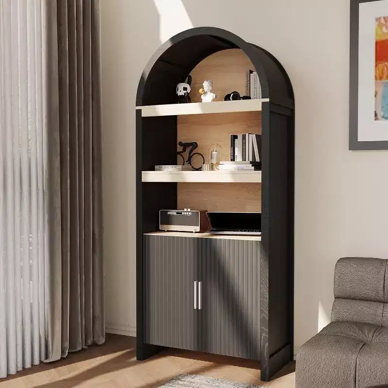 71 Tall Arched Cabinet, 5-Tier Mid Century Arched Bookcase with Doors, 3 Open Display Shelves and Adjustable Shelf, for Kitchen, Living room Office