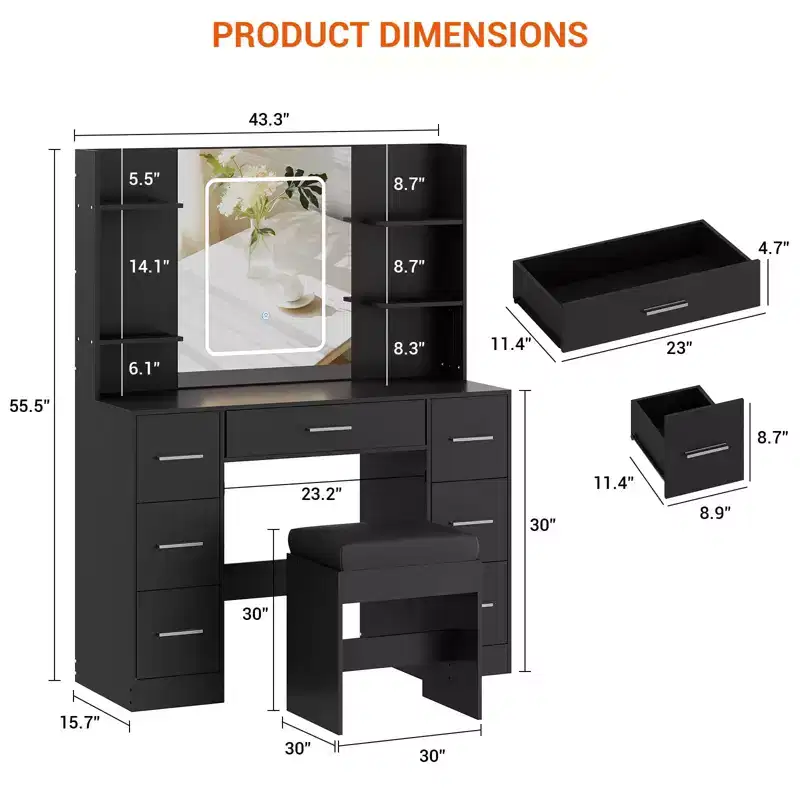 Vanity Desk with Mirror & LED Lights, 7-Drawer Dressing Table with Stool – Black / White / Marble White