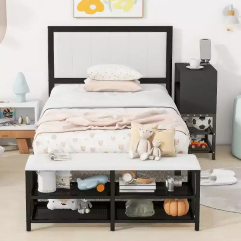 Twin-Size Metal Platform Bed with Dual-Level Storage Shelves and Wooden Storage Cabinet