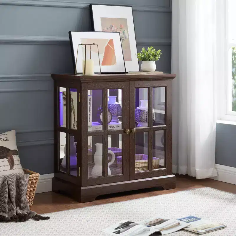 Curio Storage Cabinet, LED Lighted, Glass Display Cabinet with Adjustable Glass Shelves, Vintage China Cabinet with Panelled Door for Living Room