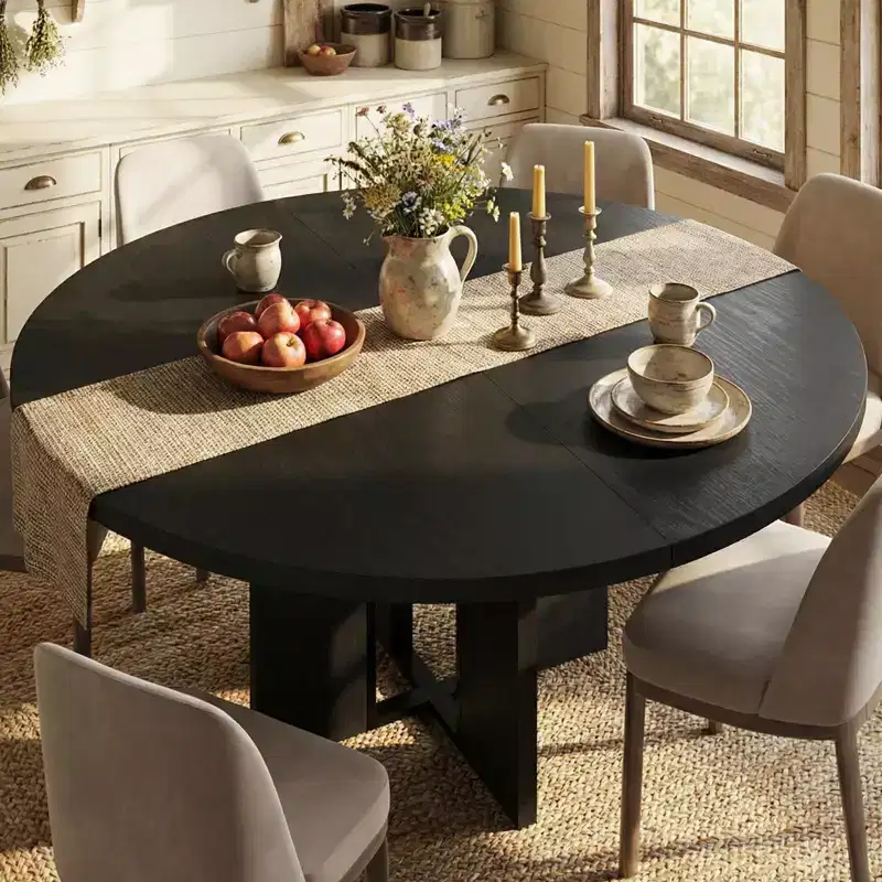 47-63 Extendable Round Dining Room Table for 4-8, Farmhouse Wooden Kitchen Table w/ Wider Leg, Metal Support, Oval Circle, for Dinner, Kitchen