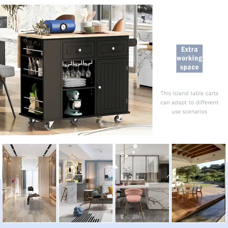 Adjustable Shelves Kitchen Island with Power Outlet and Drop Leaf