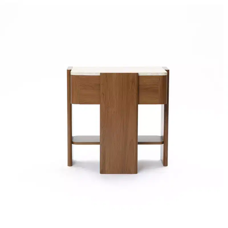 LuxenHome Faux Travertine Nightstand with Drawer and Open Shelf, MDF Wood Accent Side Table Brown