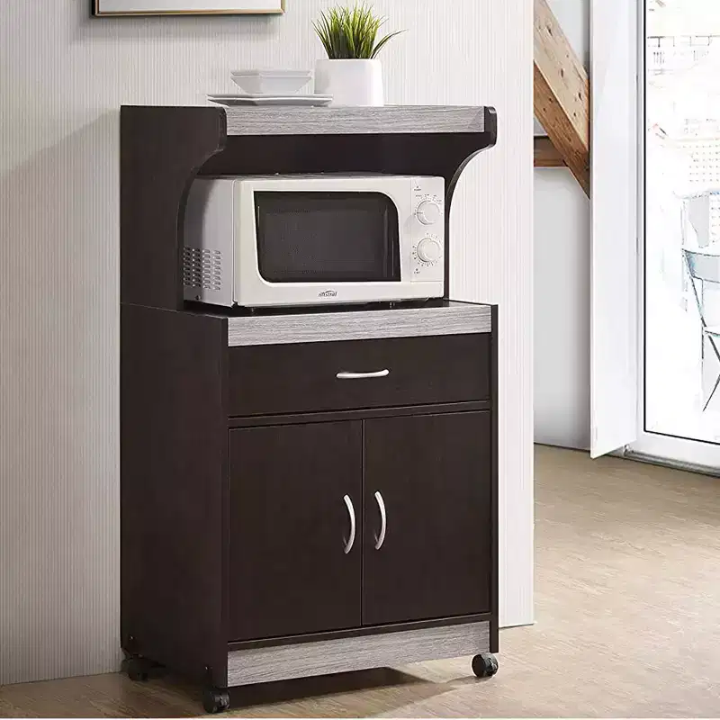 Wheeled Kitchen Island Microwave Cart with Pull-Out Drawer and Cabinet Storage, Chocolate Grey