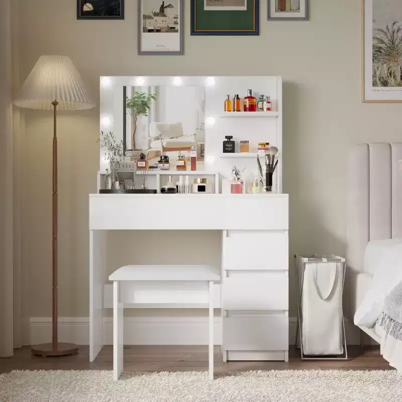 Okak Makeup Vanity with 3 Modes Large Mirror, Vanity Desk with Power Strip and Stool, Vanity with Chair for Living Room, Bedroom, White