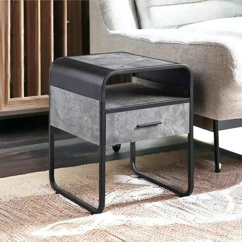 HomeRoots 22 Black And Gray Wood And Metal Square End Table With Drawer And Shelf
