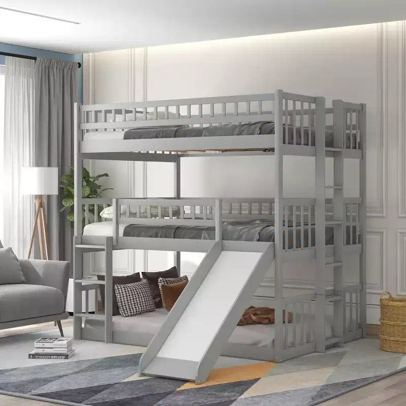 Full Over Full Triple Bunk Bed with Convertible Ladder and Slide, Triple Bed with Guardrails, White/Gray/Espresso - ModernLuxe