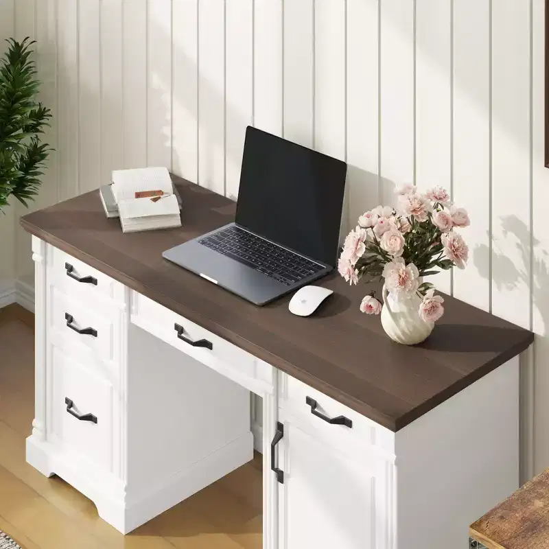 Famapy White and Brown Wooden Writing Desk Office Desk Computer Desk with Drawers - Home Office Workstation