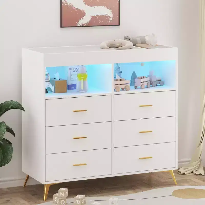 Changing Table Dresser with Drawers, Baby Dresser with Changing Table Top, Power Outlet, LED Light & Metal Feet