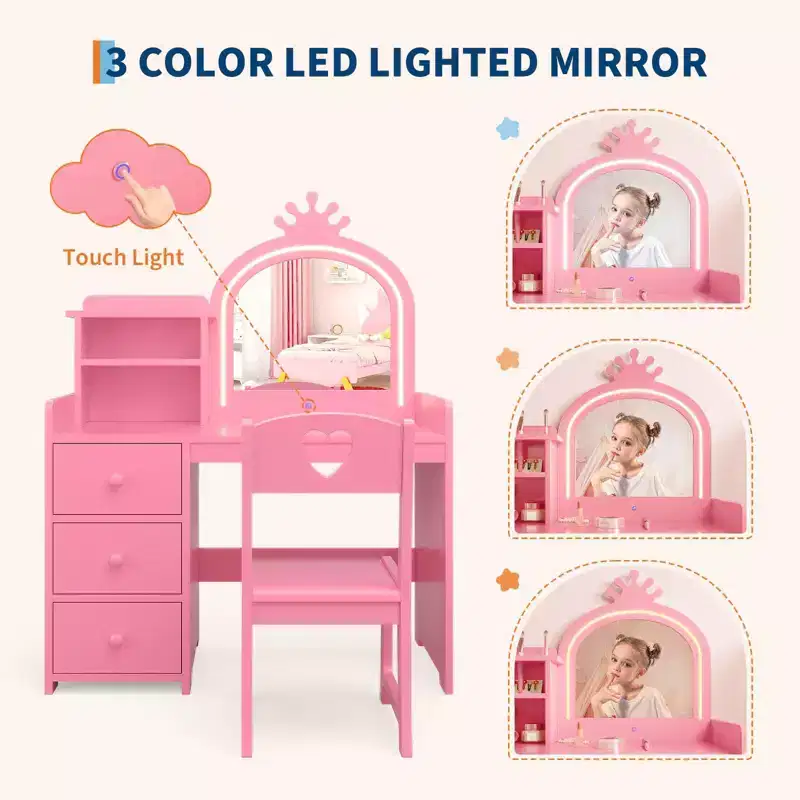 Kids Vanity Desk with Mirror and Lights, Pink Princess Wooden Makeup Vanity with Chair, Storage Shelves and Drawers, 2-in-1 Girls Dressing Table