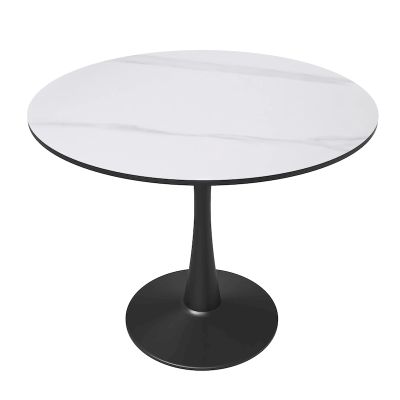Bristol 32 Round Minimalist Dining Table for 4, Sintered Stone Top & Black Iron Pedestal Base for Kitchen & Dining Room