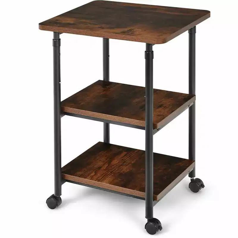 3-Tier Rolling Adjustable Printer Cart with Lockable Casters, Steel & Wood, Brown