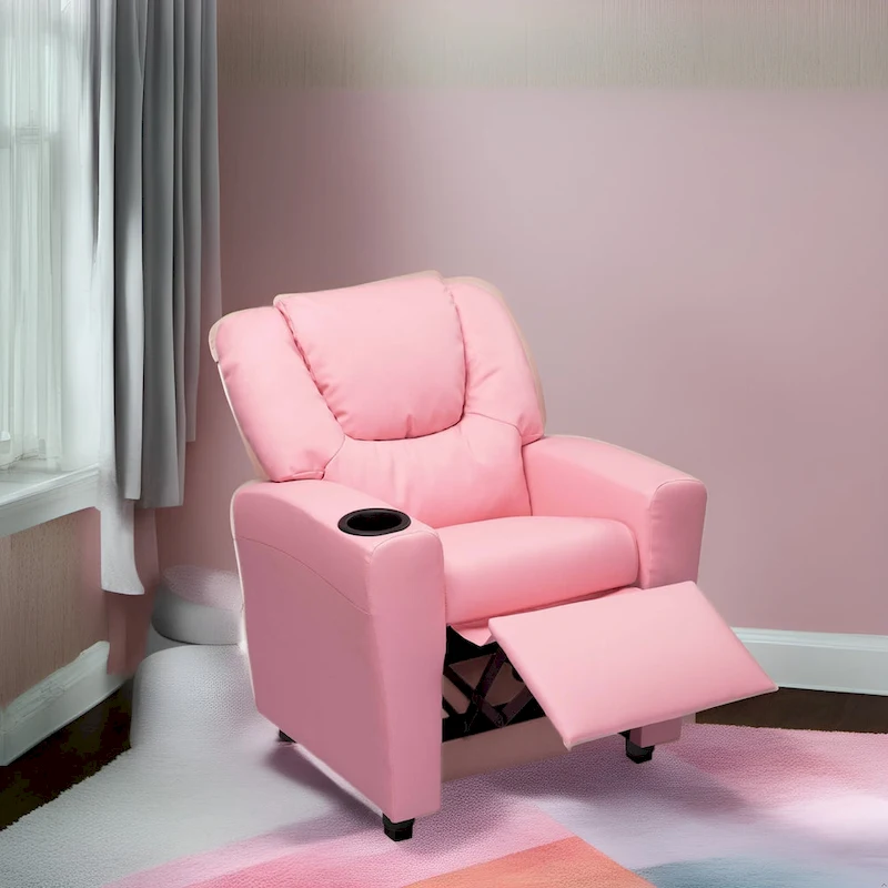 Kids Push Back Recliner Chair with Footrest and Cup Holders