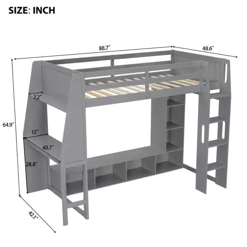 Twin Size Gaming Loft Bed with Desk and LED, Wood Loft Bed Frame with Storage Shelves and a Hanging Clothes Rack