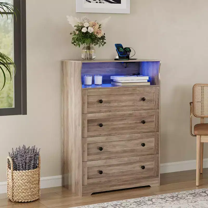 4 Drawer Wooden Dressers, Modern Nightstand for Bedside