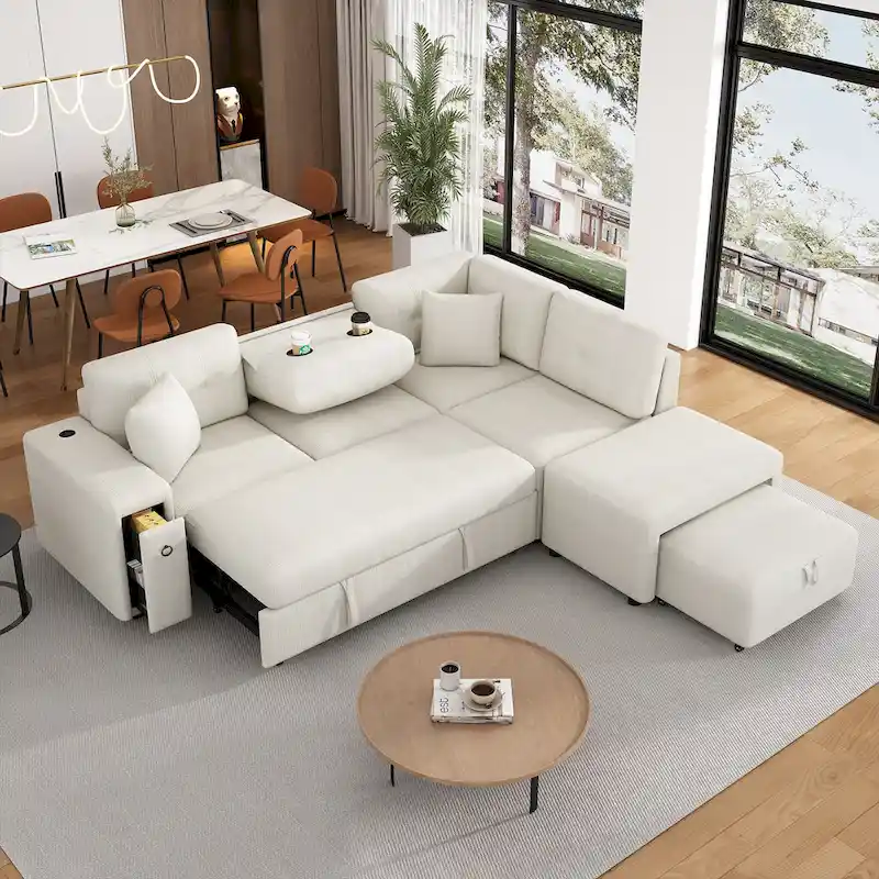 L-Shaped 4-Seater Corner Sofa Bed, featuring a Pull-Out Bed, Movable Ottoman, USB Charging Port, and Fold-Down Cup Holder Table.