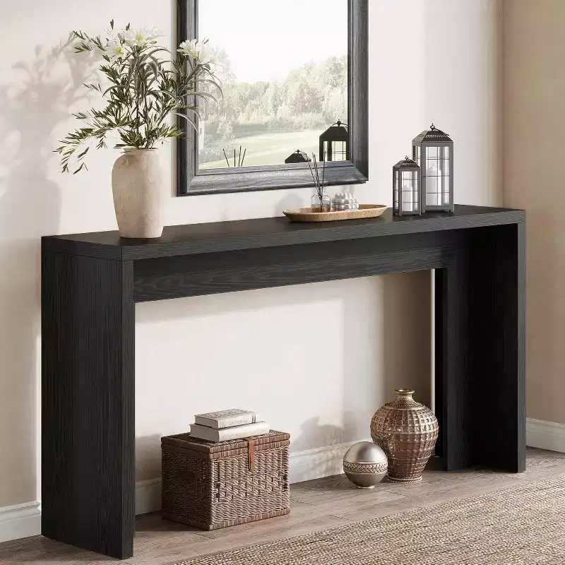 Lantine 55-Inch Farmhouse Console Table, Wooden Couch Table with Storage, Narrow Long Entryway Hallway Table for Living Room, Entrance (Black)