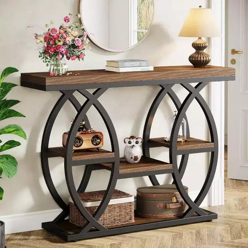 Lantine 39.37 Console Table, Industrial 4-Tier Sofa Table Narrow Wood Entryway Table with Storage Shelves