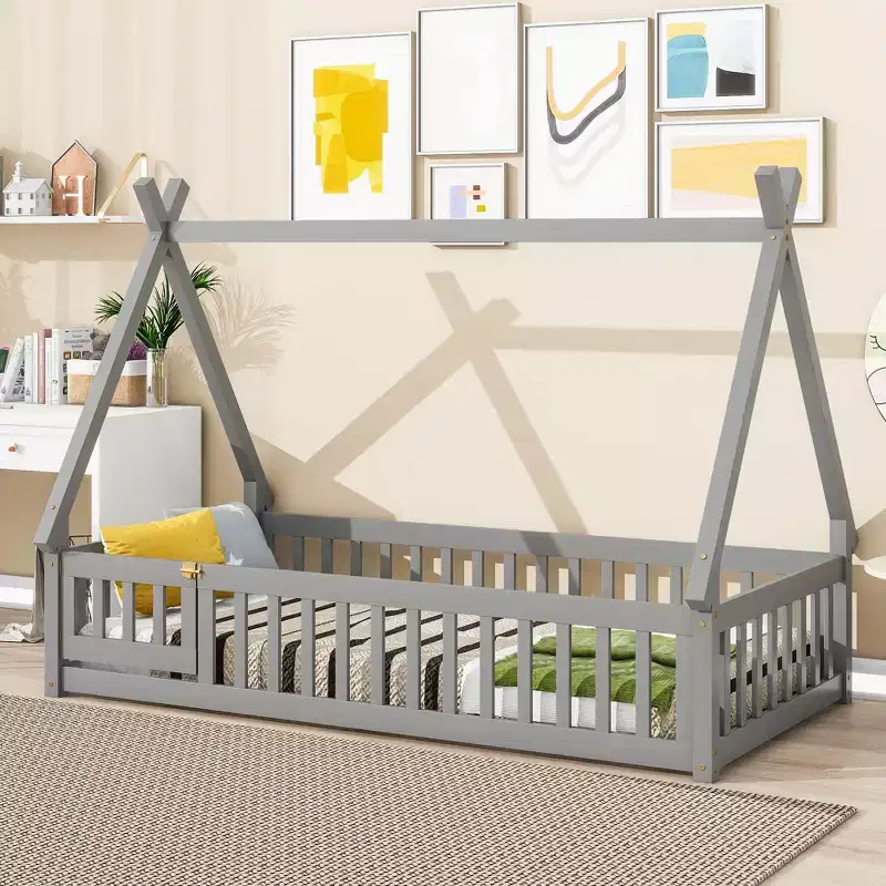 Okak Twin/Full Size Floor Bed Frame with Removable Tent-Shaped Roof & 360Safety Guardrails for Toddlers 2-6 Years, Easy Assembly Kids Bed, Kids Room