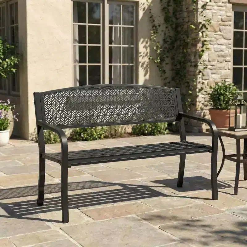 2 Person Metal Outdoor Bench for Garden, Steel Benches Furniture with Geometric Backrest for Patio, Garden & Porch