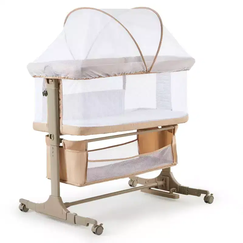 3-in-1 Adjustable Bedside Bassinet,Portable Baby Co-Sleeper with Mosquito Net & Storage Basket | Convertible Travel Crib with Wheels