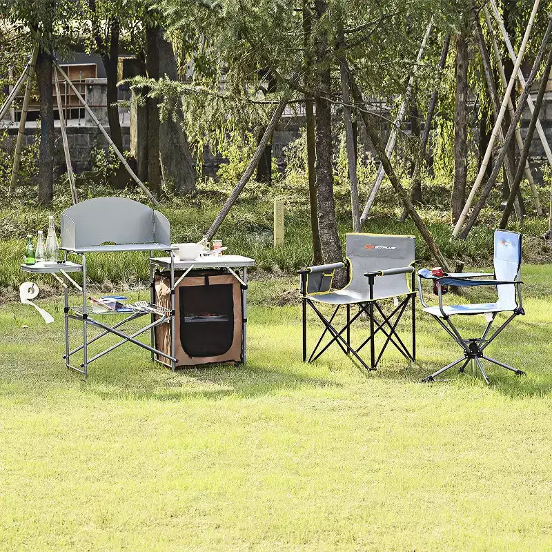 Foldable Camping Table Outdoor BBQ Portable Grilling Stand with Windscreen and Bag