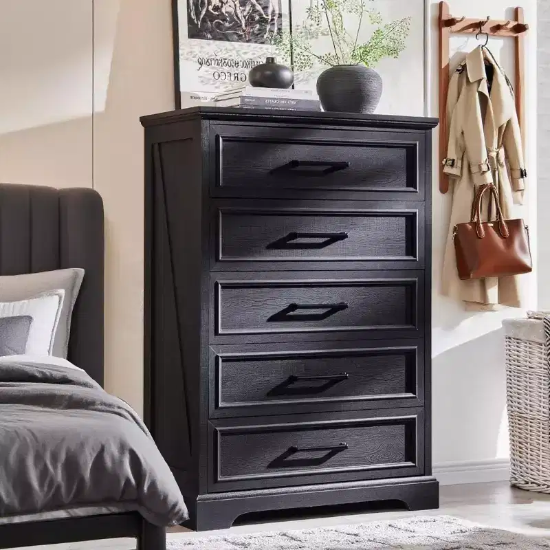 46 Farmhouse 5 Drawers Dresser for Bedroom, Tall Wood Chest of Drawers with Natural Texture for Bedroom, Living Room