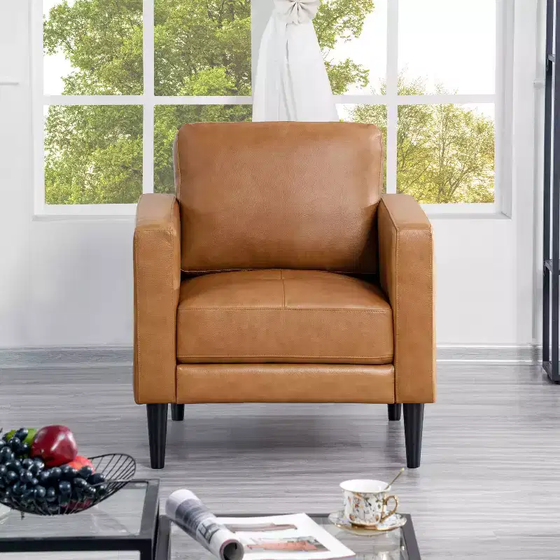 Genuine Leather Upholstered Single Sofa Chair for Living Room Mid Century Chair Modern Accent Arm Couches