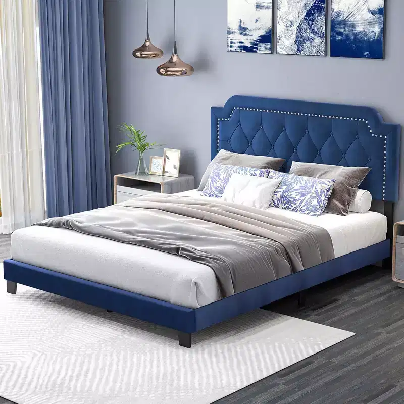 Velvet Upholstered Queen Platform Bed with Tufted Headboard