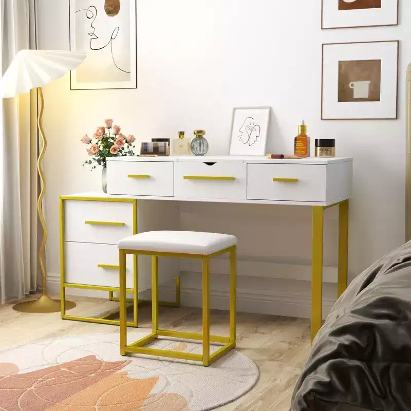 Okak Makeup Vanity Dresser Set with Mirror, Modern Storage Cabinet with 4 Drawers, Wood Dressers with Nightstand for Bedroom